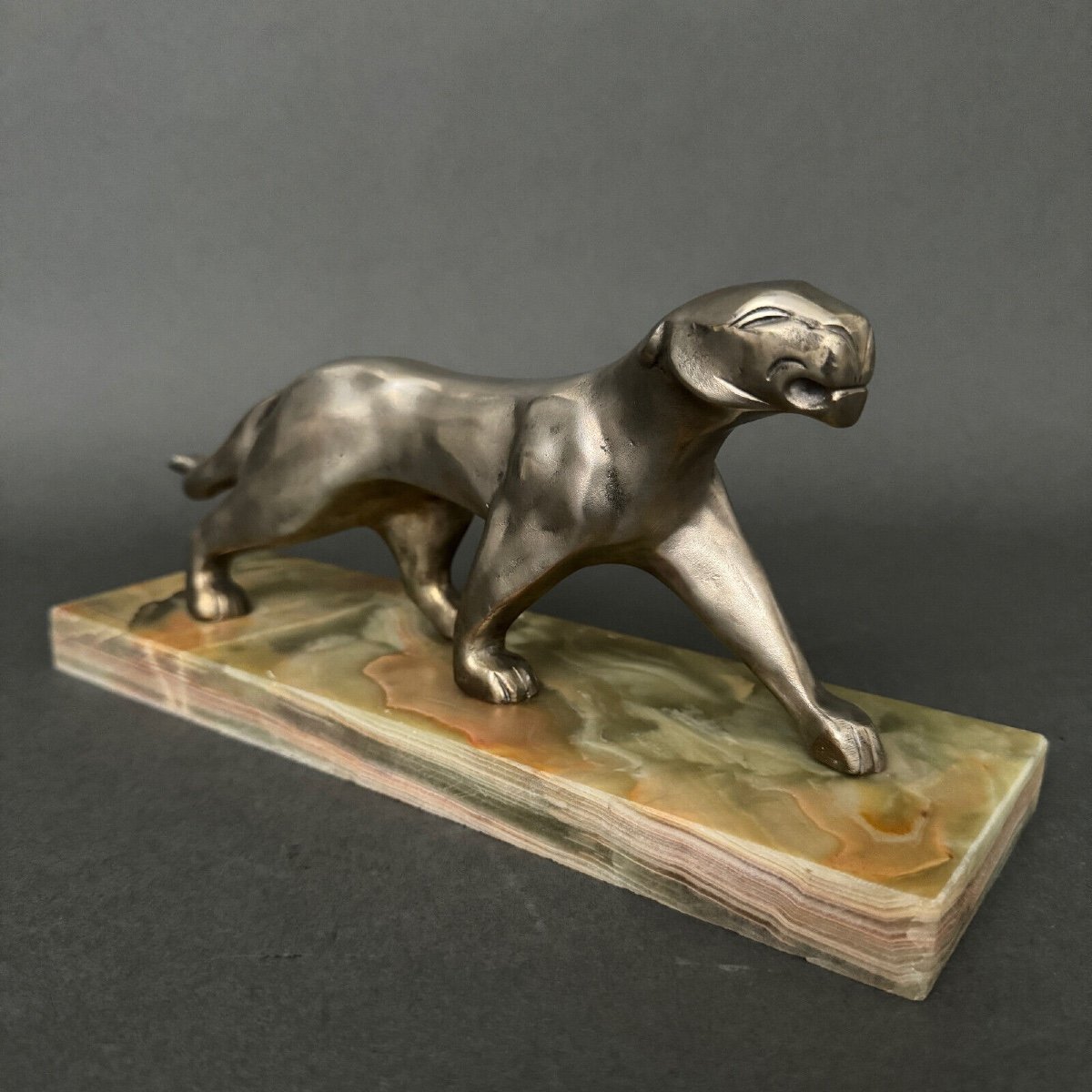 Art Deco Panther In Silvered Bronze By Michel Découx On Onyx Base-photo-4