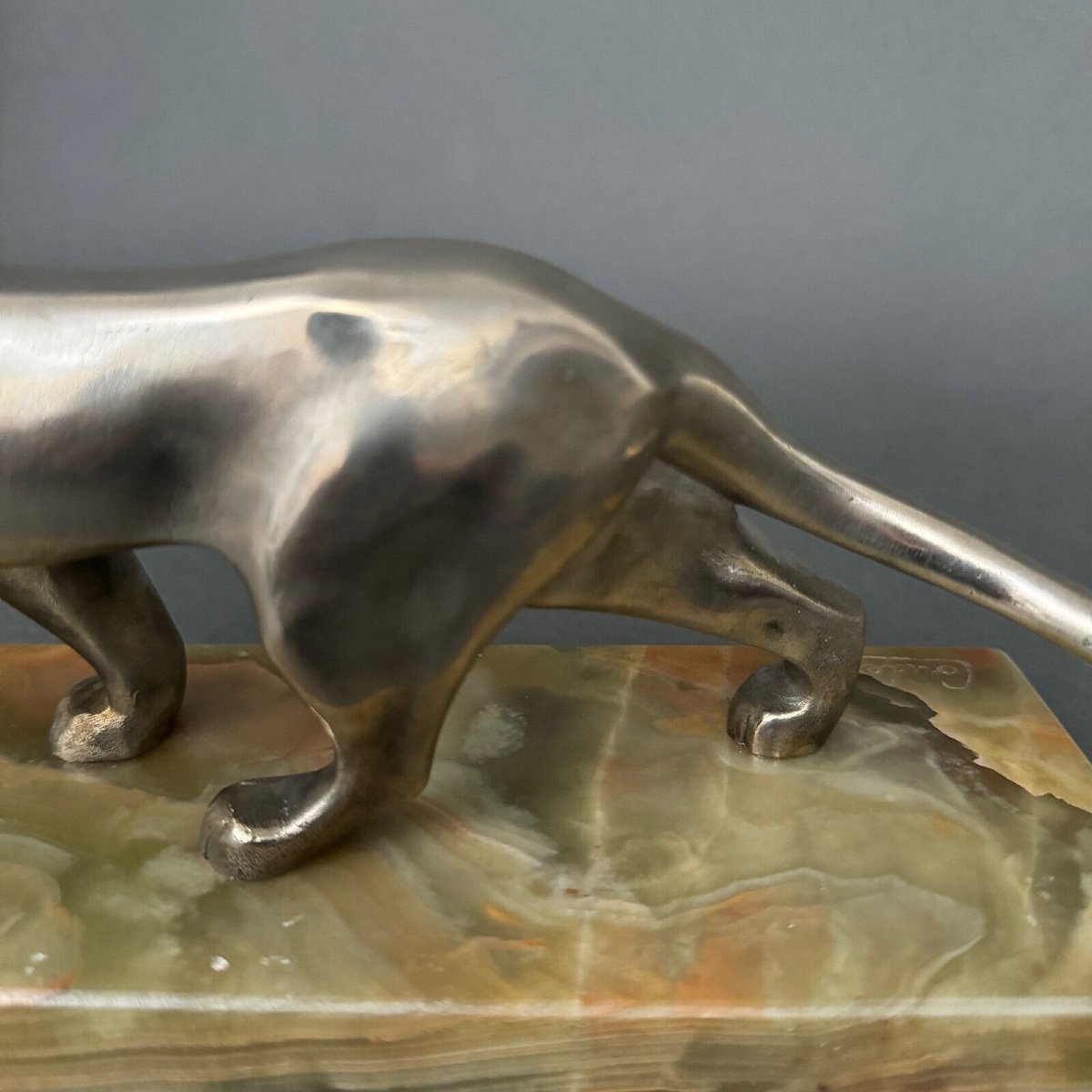 Art Deco Panther In Silvered Bronze By Michel Découx On Onyx Base-photo-6