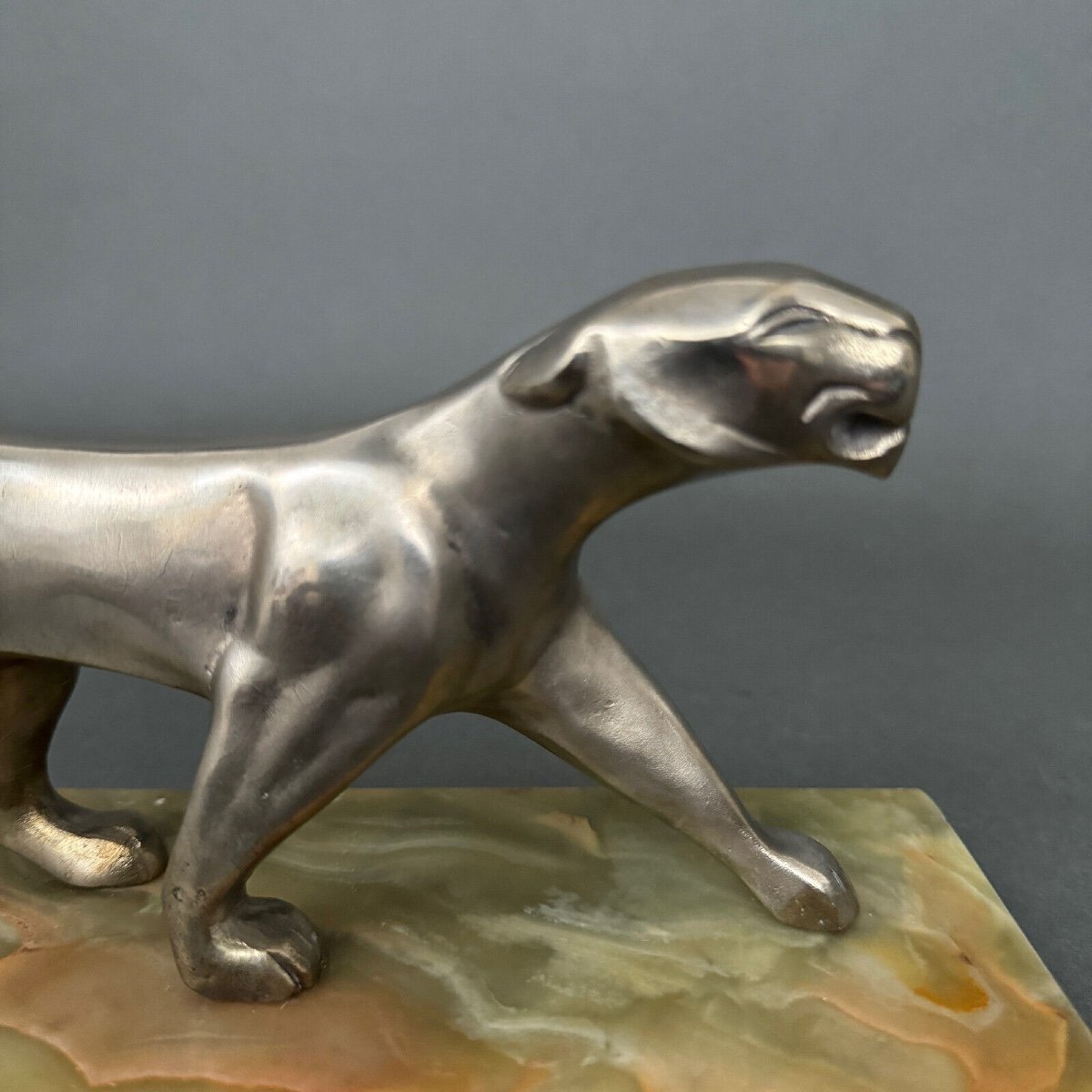 Art Deco Panther In Silvered Bronze By Michel Découx On Onyx Base-photo-7