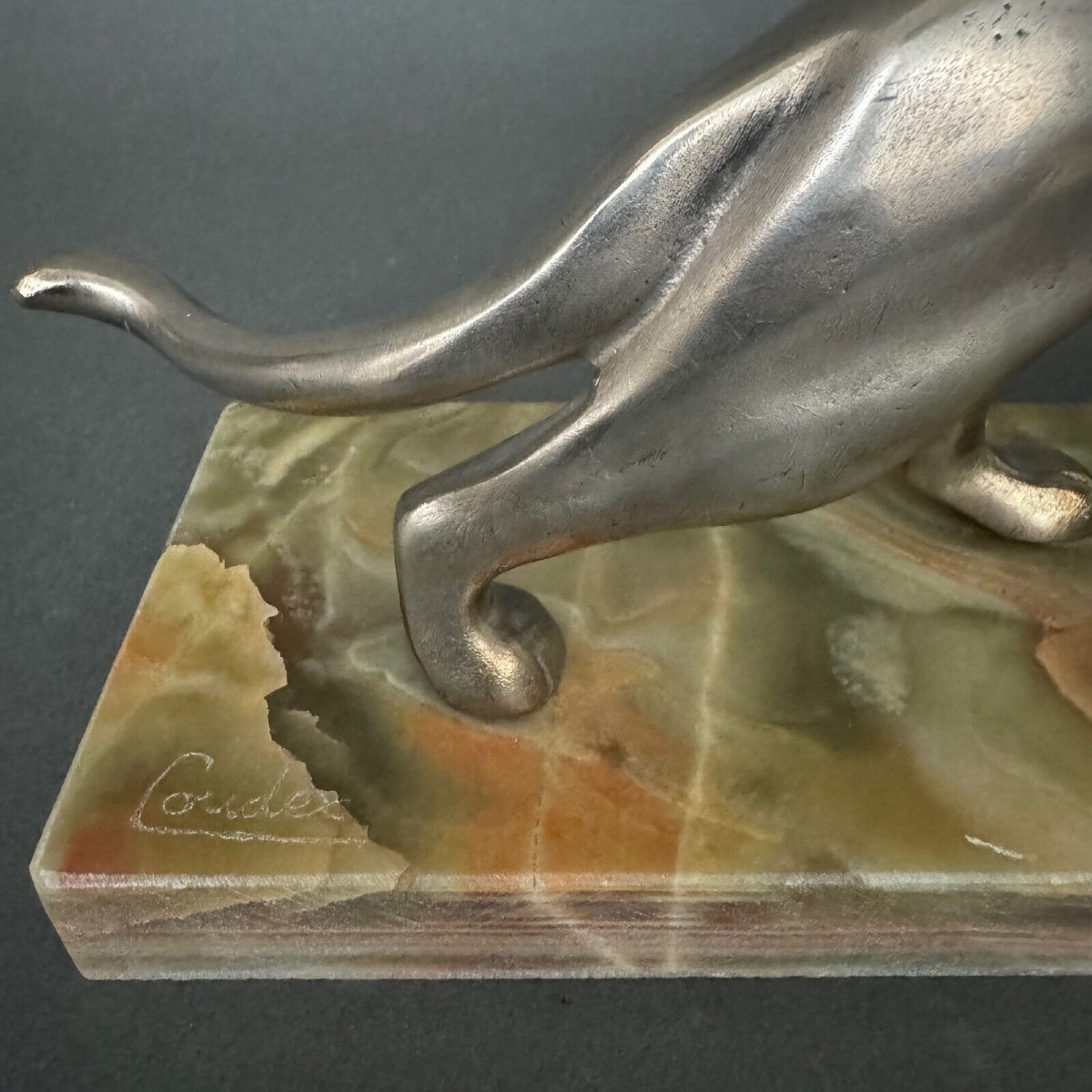 Art Deco Panther In Silvered Bronze By Michel Découx On Onyx Base-photo-8