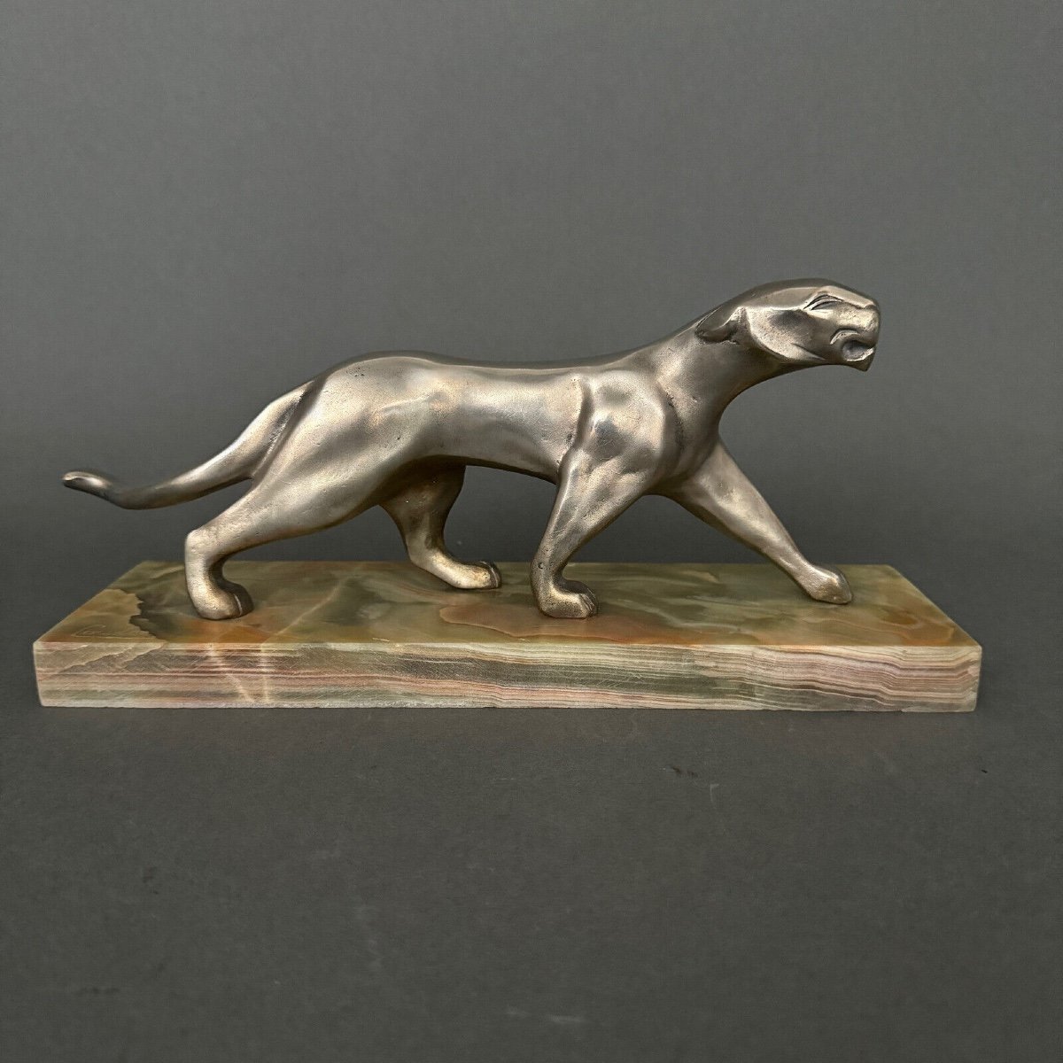 Art Deco Panther In Silvered Bronze By Michel Découx On Onyx Base