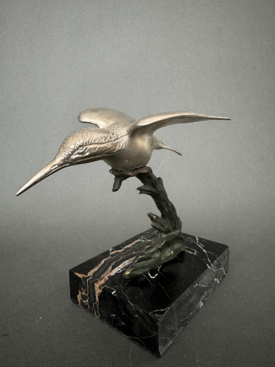 Art Deco 1930s Silvered Bronze Sculpture Kingfisher Double Patina-photo-2