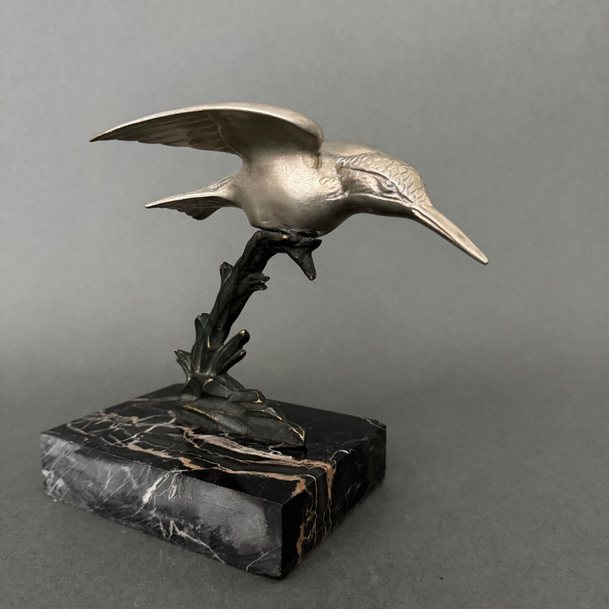 Art Deco 1930s Silvered Bronze Sculpture Kingfisher Double Patina-photo-3