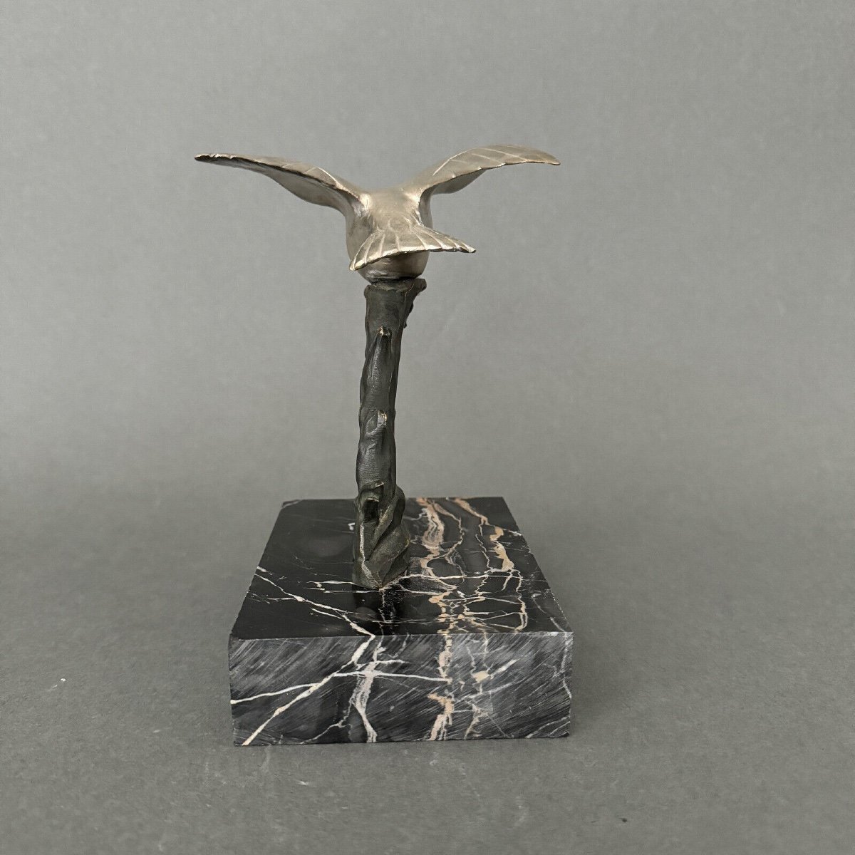 Art Deco 1930s Silvered Bronze Sculpture Kingfisher Double Patina-photo-4