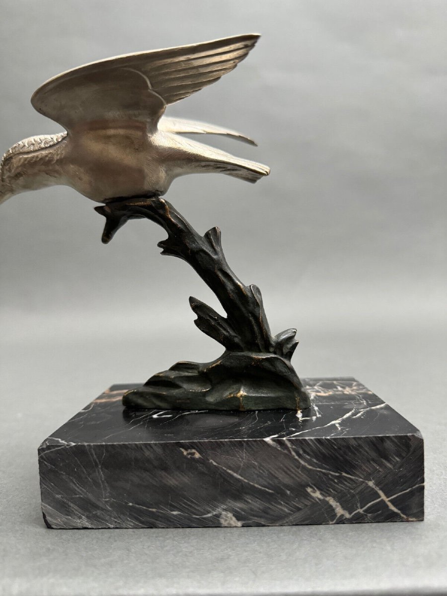 Art Deco 1930s Silvered Bronze Sculpture Kingfisher Double Patina-photo-6