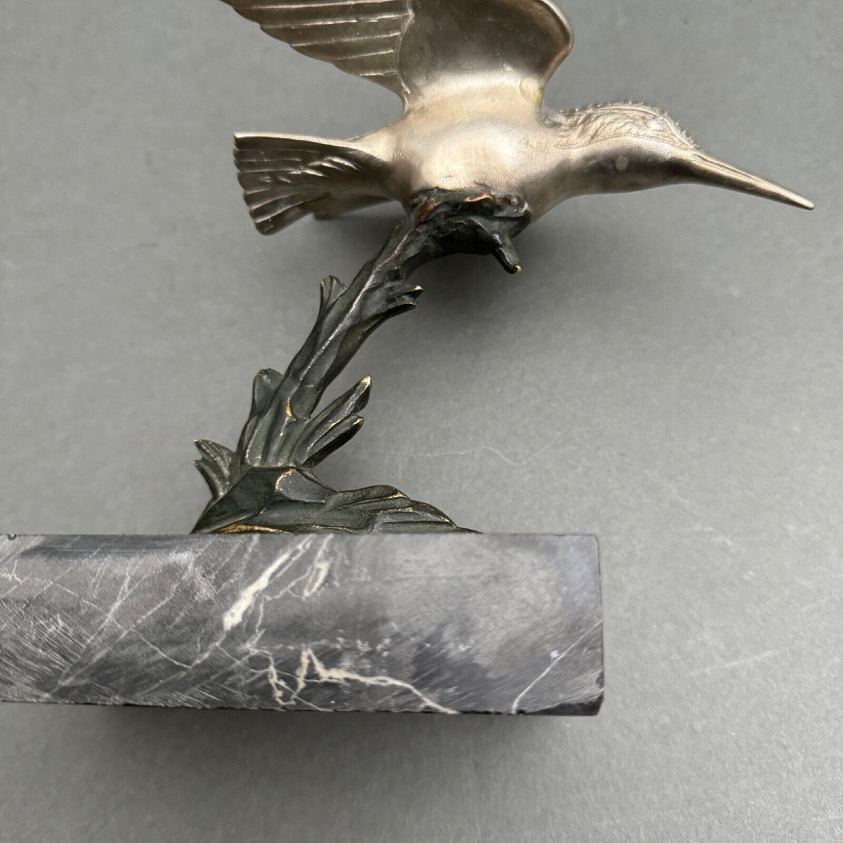 Art Deco 1930s Silvered Bronze Sculpture Kingfisher Double Patina-photo-7