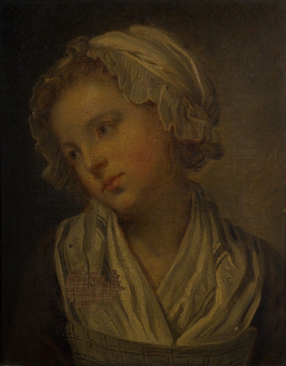 Huile sur toile portrait de jeune fille à la coiffe XIXe cadre doré-photo-2