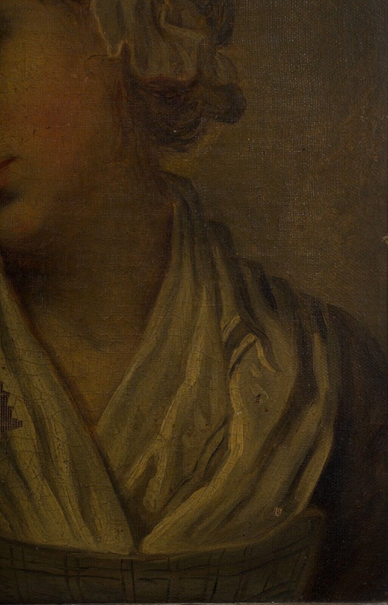 Huile sur toile portrait de jeune fille à la coiffe XIXe cadre doré-photo-1