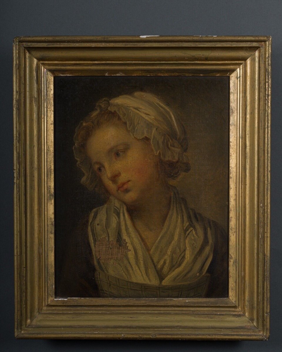 Huile sur toile portrait de jeune fille à la coiffe XIXe cadre doré