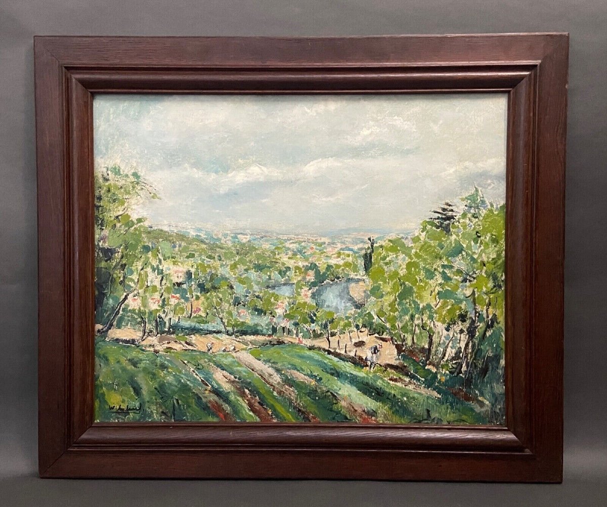 Huile sur toile paysage fermier aux champs village 