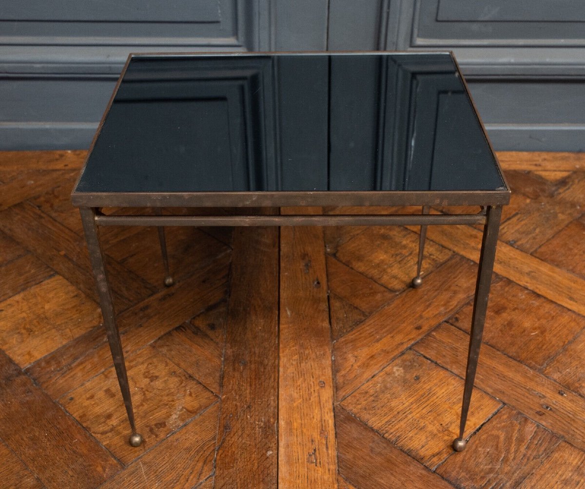 1960s Side Table, Gold Metal, Smoked Glass, Ball Feet-photo-2