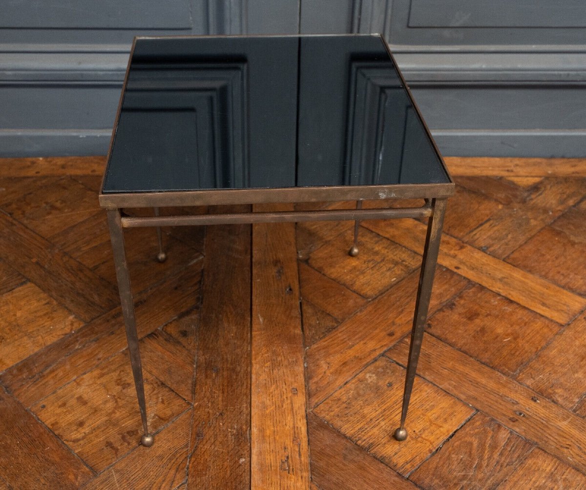 1960s Side Table, Gold Metal, Smoked Glass, Ball Feet-photo-3