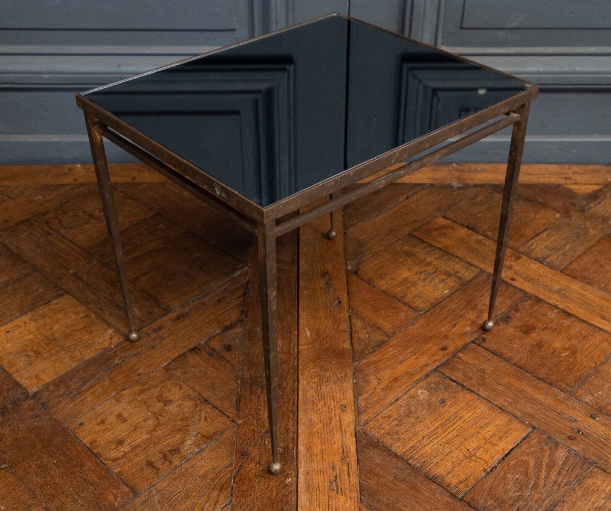 1960s Side Table, Gold Metal, Smoked Glass, Ball Feet-photo-4