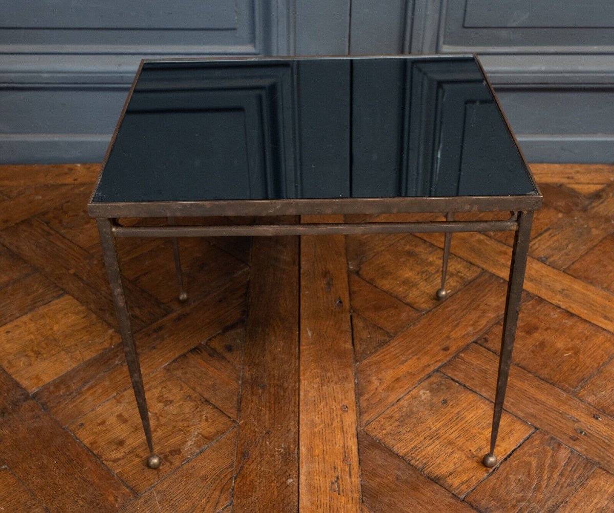 1960s Side Table, Gold Metal, Smoked Glass, Ball Feet-photo-1