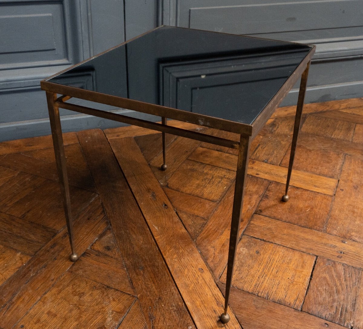 1960s Side Table, Gold Metal, Smoked Glass, Ball Feet-photo-2