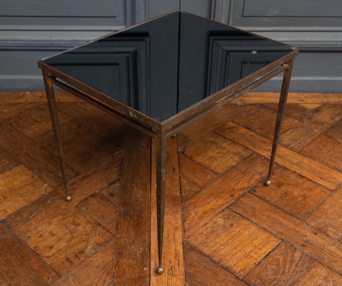 1960s Side Table, Gold Metal, Smoked Glass, Ball Feet