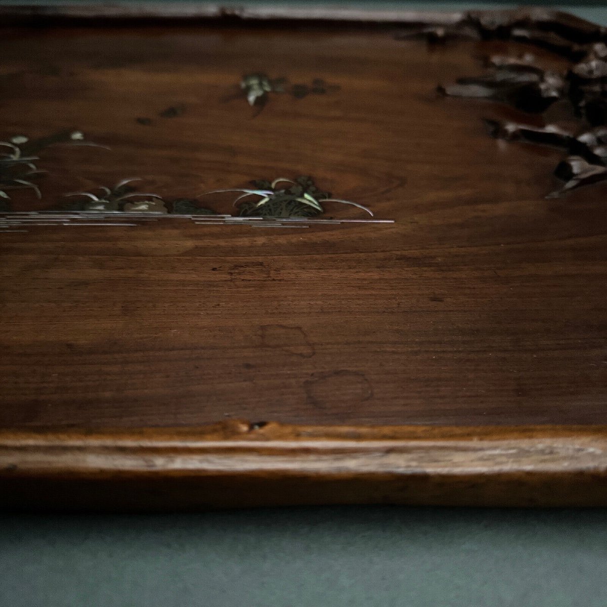 Indochina Carved Tray 1930 Decorated With Flowers And Birds Marquetry-photo-4