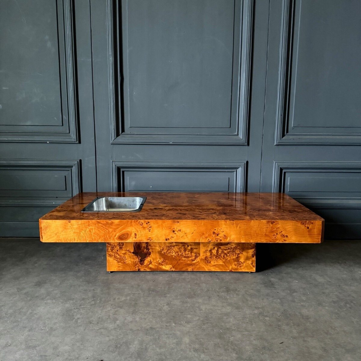 1970 Coffee Table In The Style Of Willy Rizzo In Burl Elm Veneer-photo-2