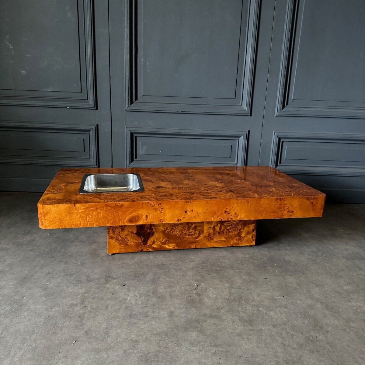 1970 Coffee Table In The Style Of Willy Rizzo In Burl Elm Veneer-photo-5