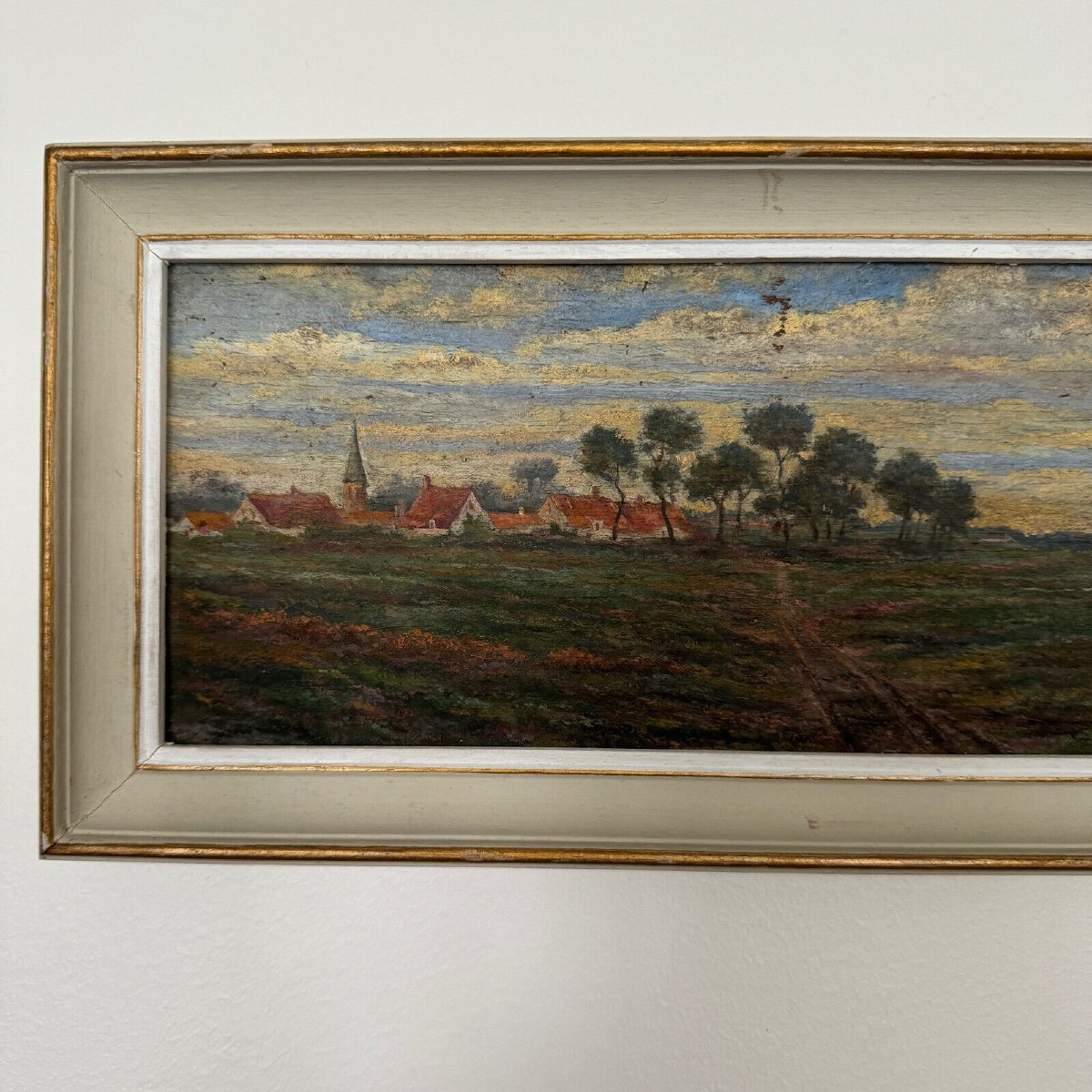 Oil On Cardboard 20th Century By R. Holvoet Landscape With A Village In The Distance-photo-3