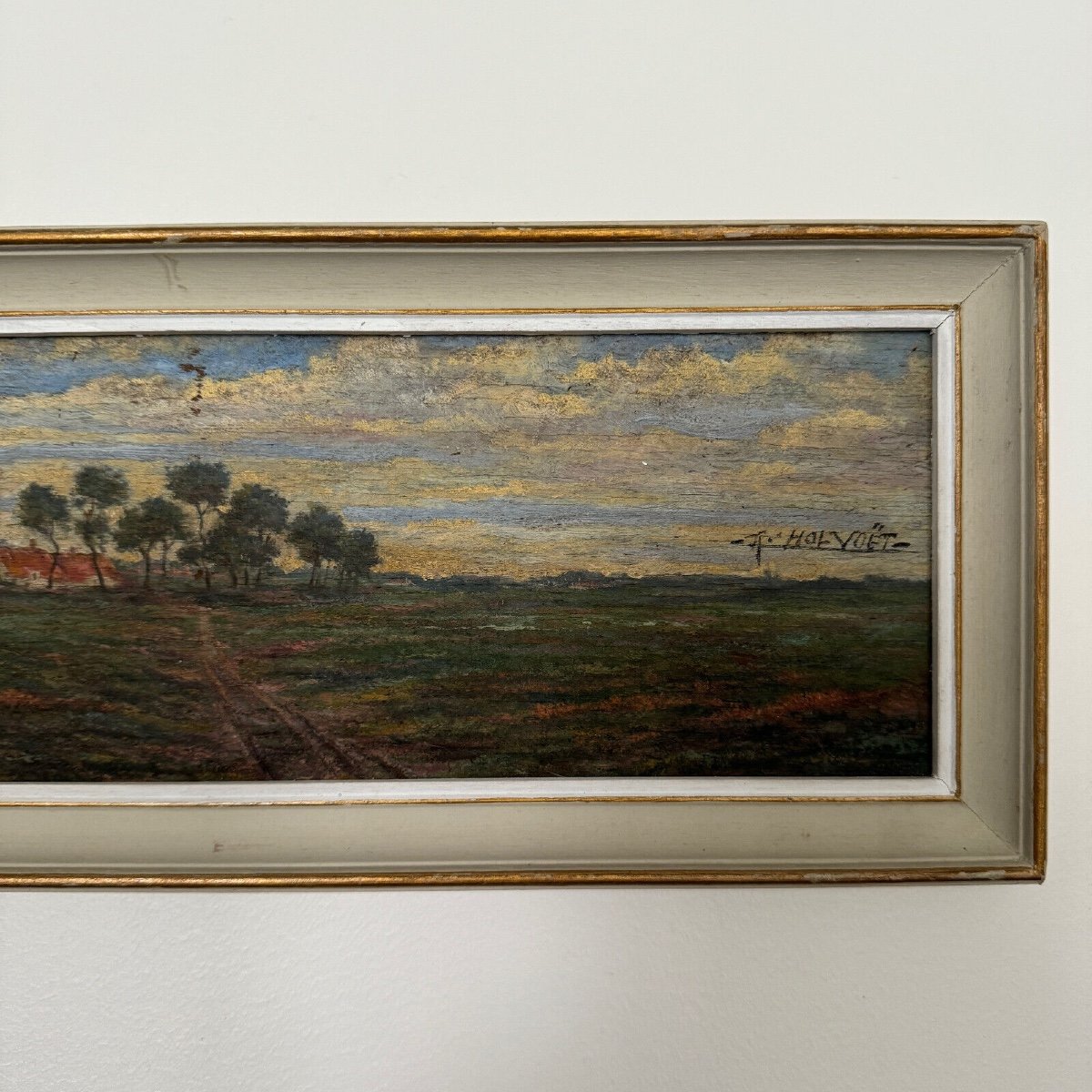 Oil On Cardboard 20th Century By R. Holvoet Landscape With A Village In The Distance-photo-4