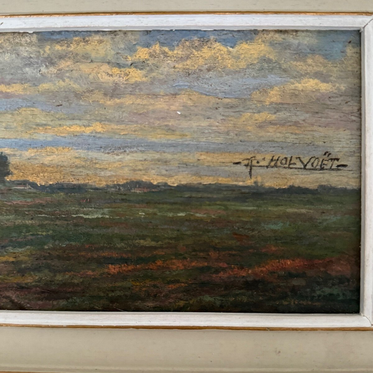 Oil On Cardboard 20th Century By R. Holvoet Landscape With A Village In The Distance-photo-3