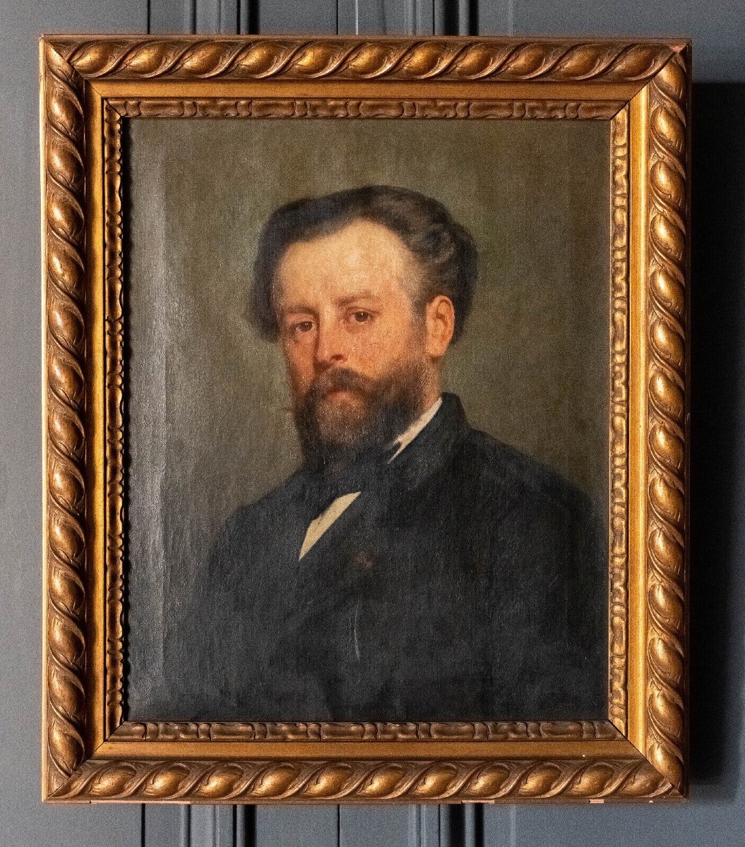 Oil On Canvas Portrait Of A Bearded Man 19th Century Gilded Frame Stamp Jérome Ottoz