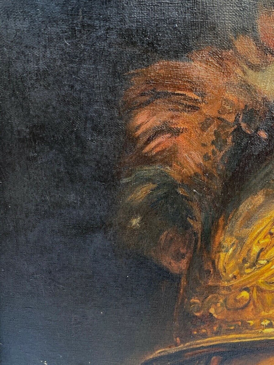 Oil On Canvas Man With A Golden Helmet By Arthur Midy After Rembrandt-photo-4