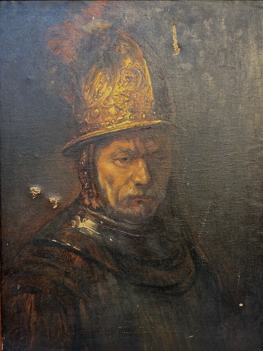 Oil On Canvas Man With A Golden Helmet By Arthur Midy After Rembrandt-photo-2