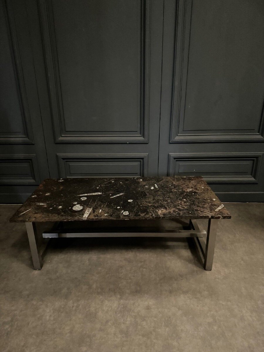 1970 Coffee Table With Fossilized Stone Top On A Chrome Base-photo-2