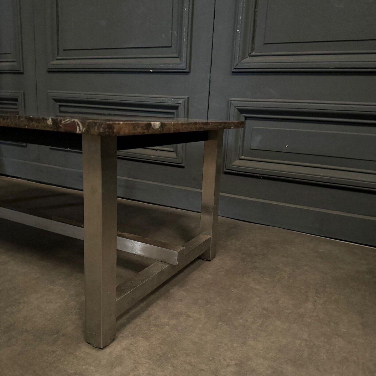 1970 Coffee Table With Fossilized Stone Top On A Chrome Base-photo-2