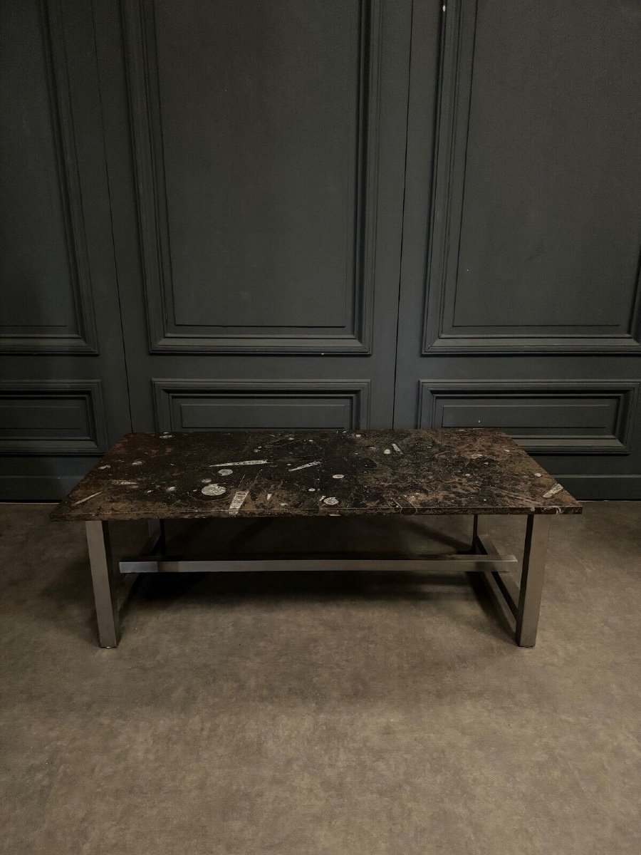 1970 Coffee Table With Fossilized Stone Top On A Chrome Base-photo-4