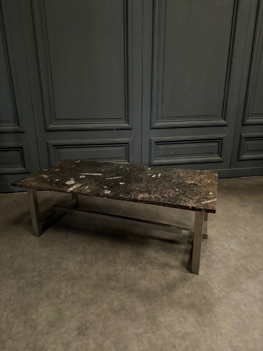 1970 Coffee Table With Fossilized Stone Top On A Chrome Base-photo-5