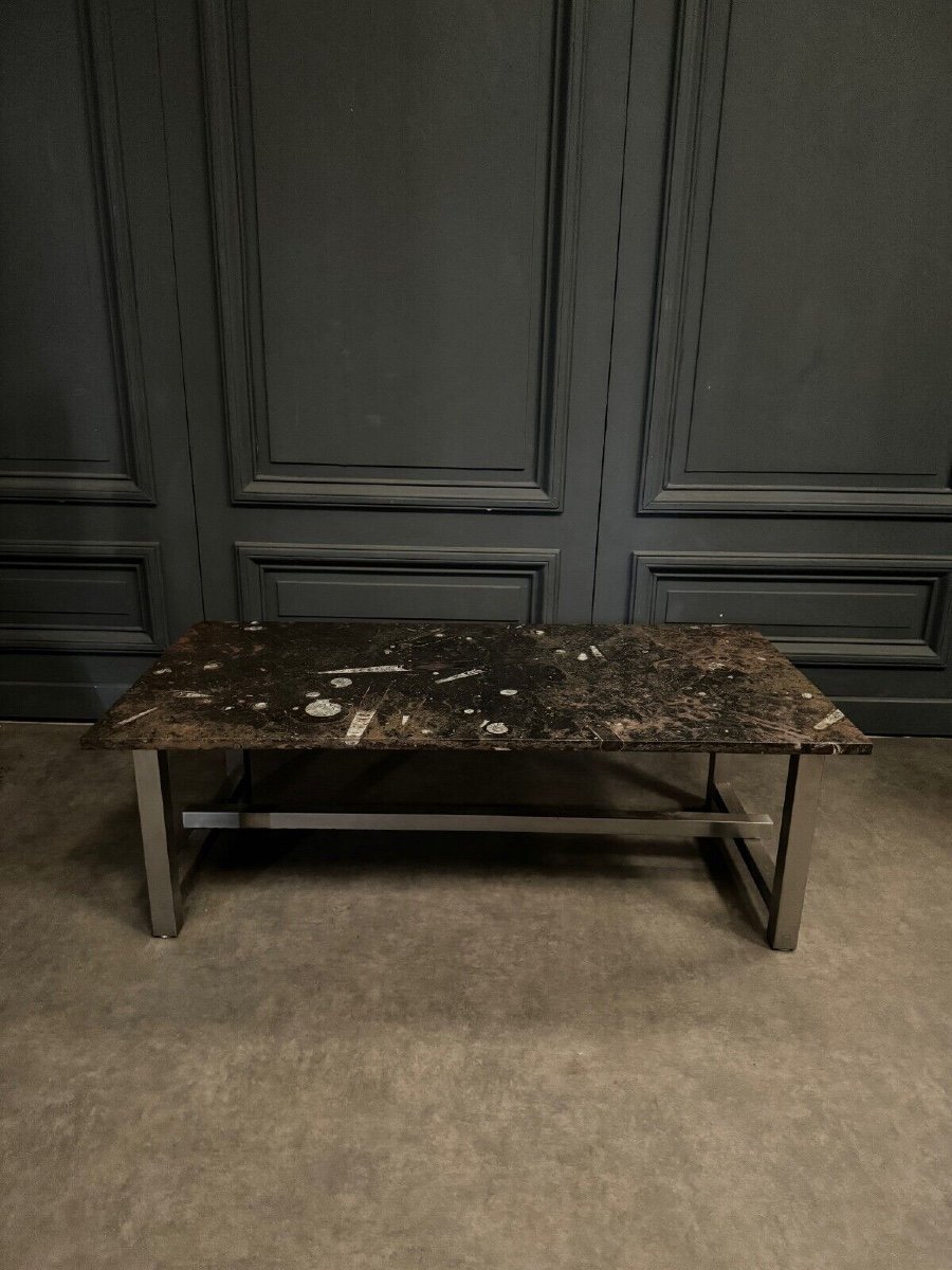 1970 Coffee Table With Fossilized Stone Top On A Chrome Base