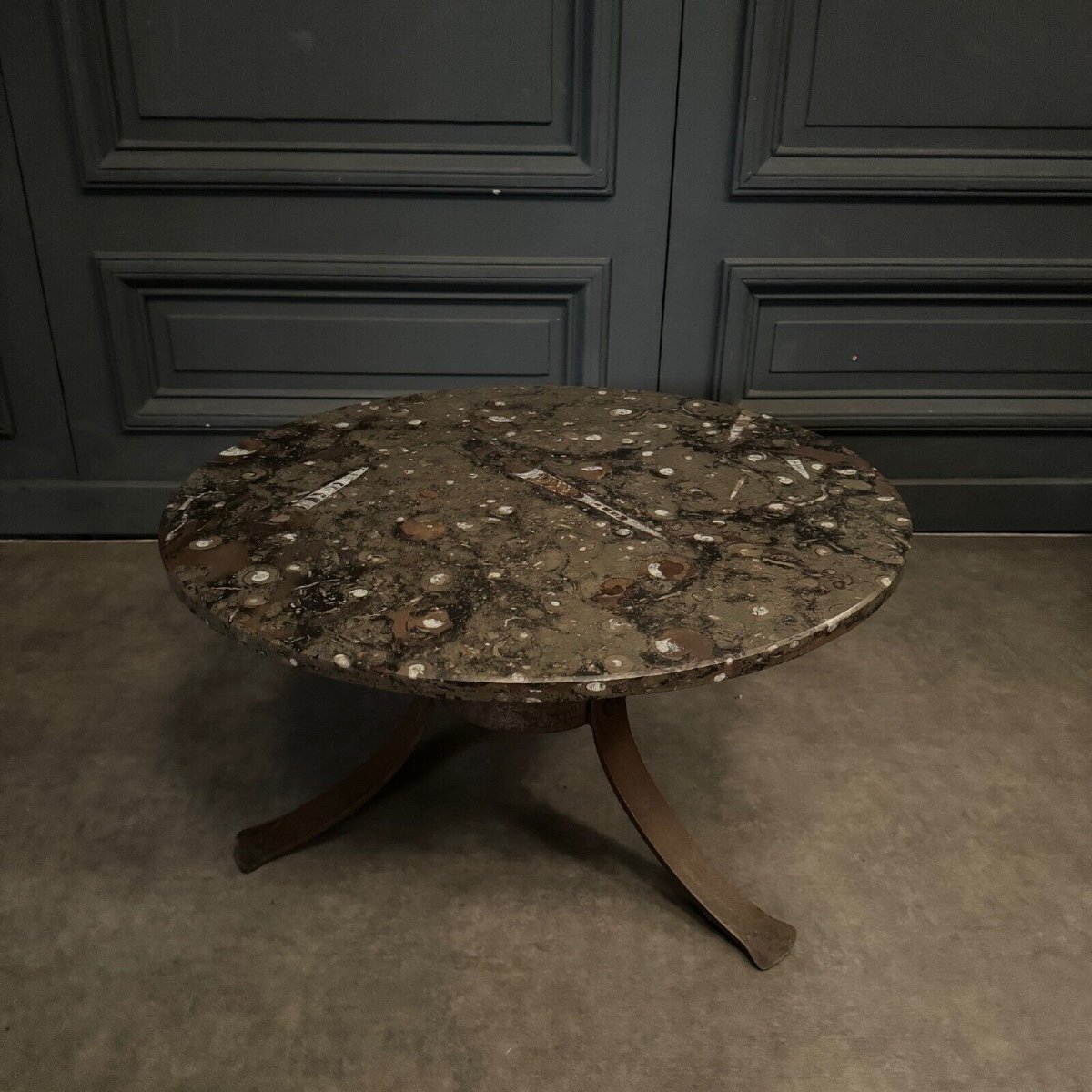 Coffee Table, Fossilized Stone Top, Brutalist Base, 1970s