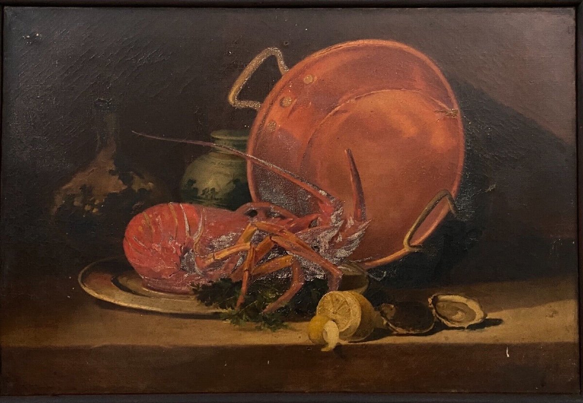 Oil On Canvas Still Life With Lobster Early 20th Century-photo-2