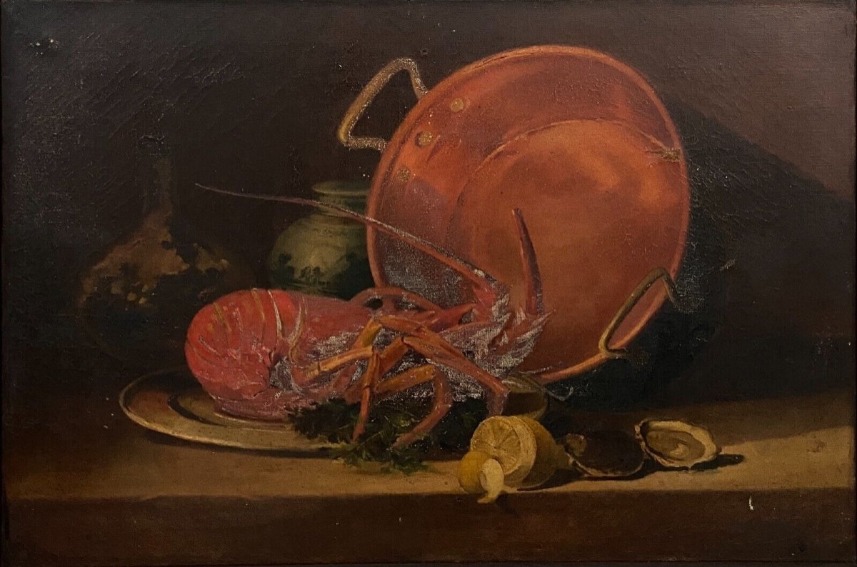 Oil On Canvas Still Life With Lobster Early 20th Century-photo-3