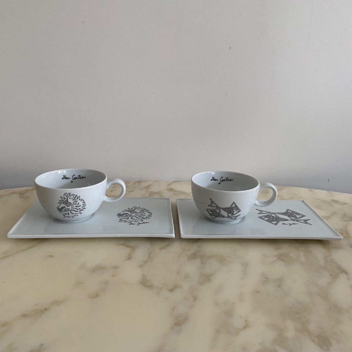 Pair Of Jean Cocteau 20th Century Art Porcelain Cups With Saucers-photo-3