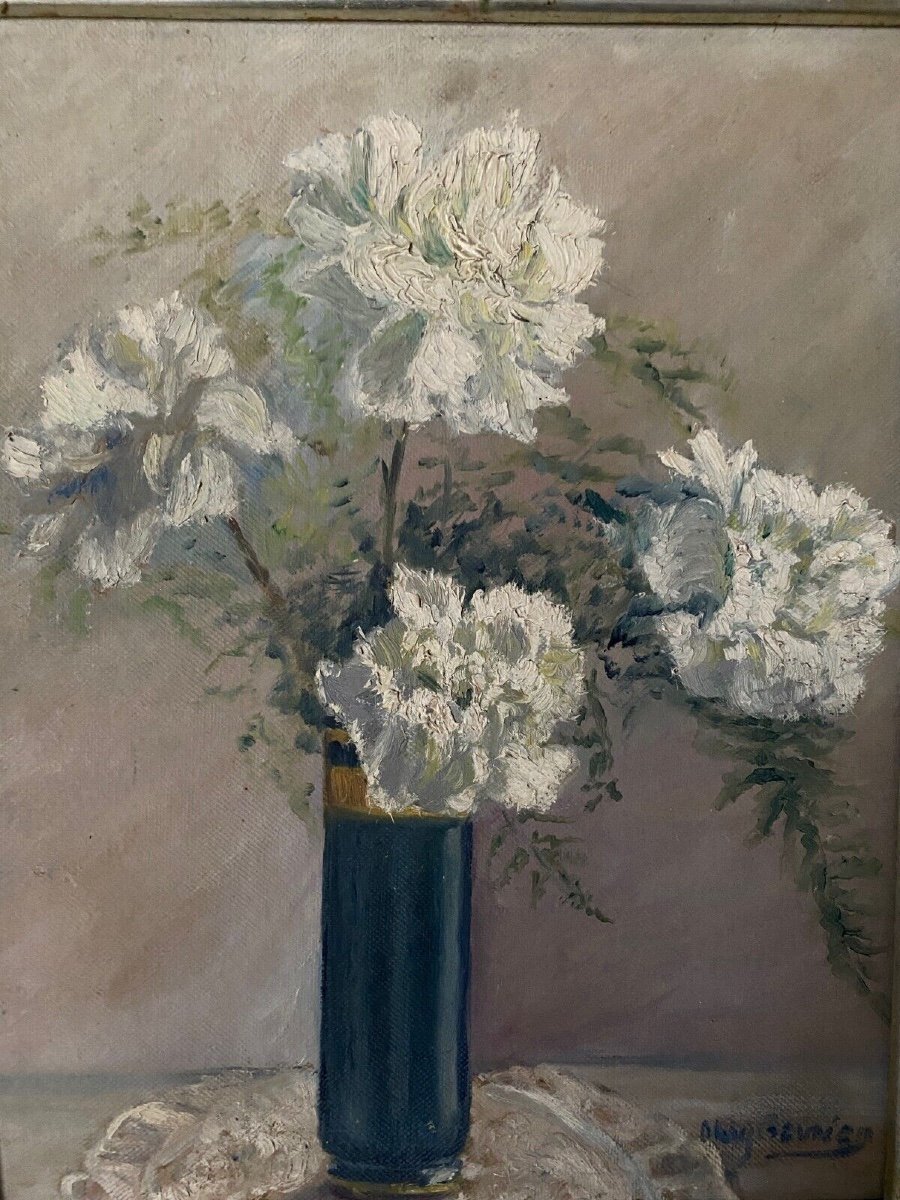 Huile sur carton Stany Gauthier nature morte bouquet de fleurs début XXe-photo-3