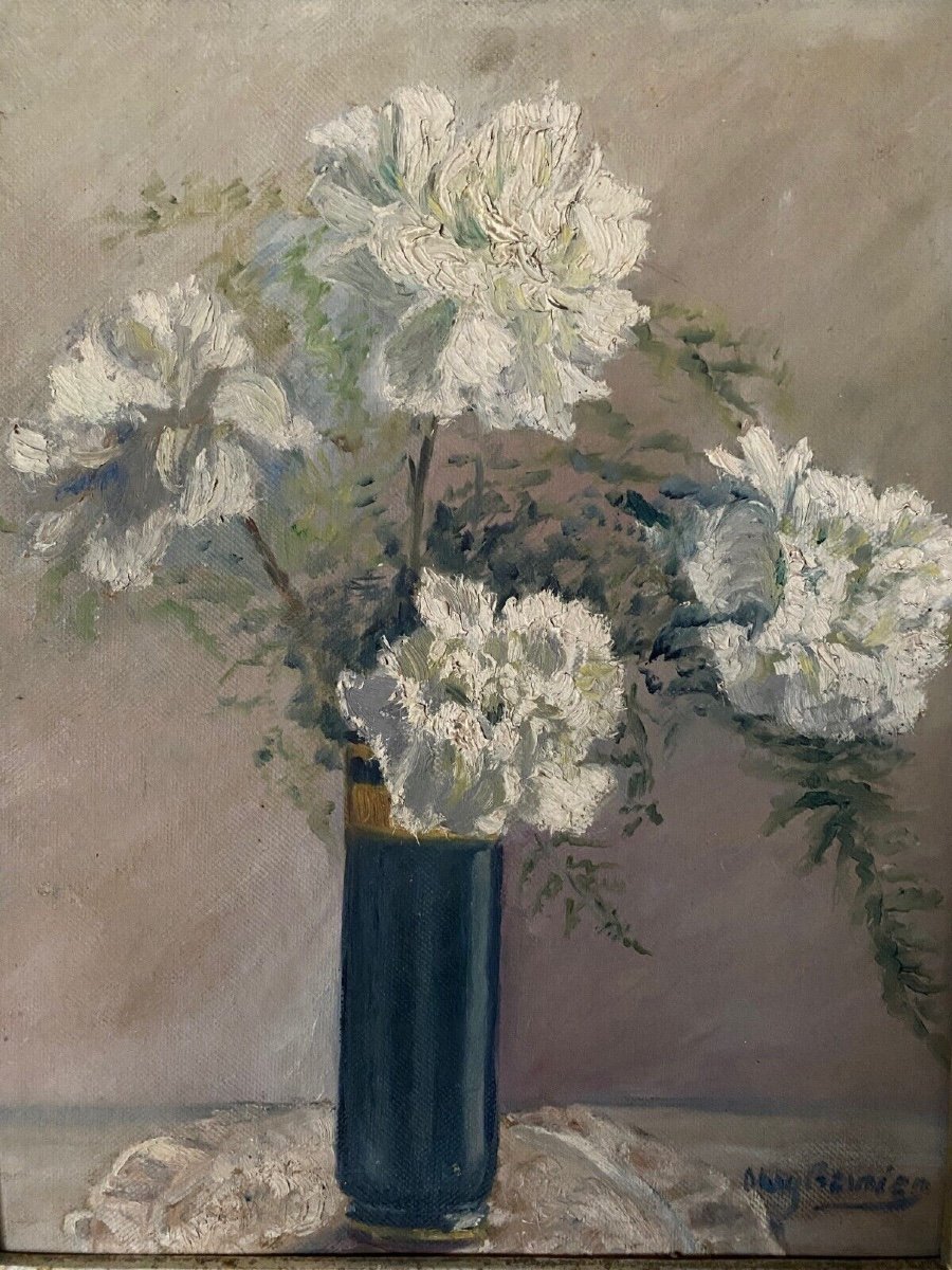 Huile sur carton Stany Gauthier nature morte bouquet de fleurs début XXe-photo-4