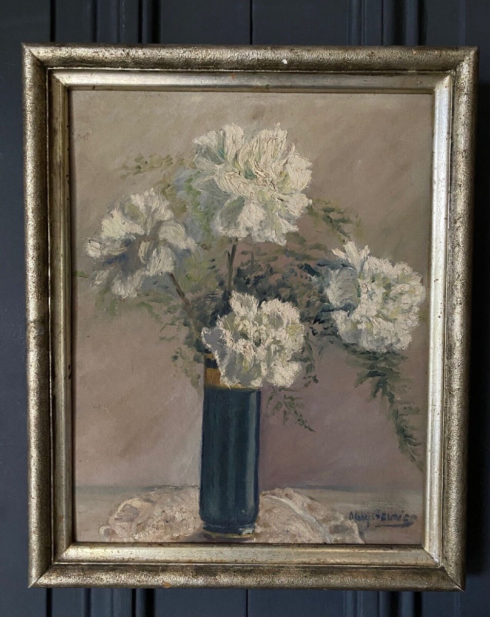 Huile sur carton Stany Gauthier nature morte bouquet de fleurs début XXe