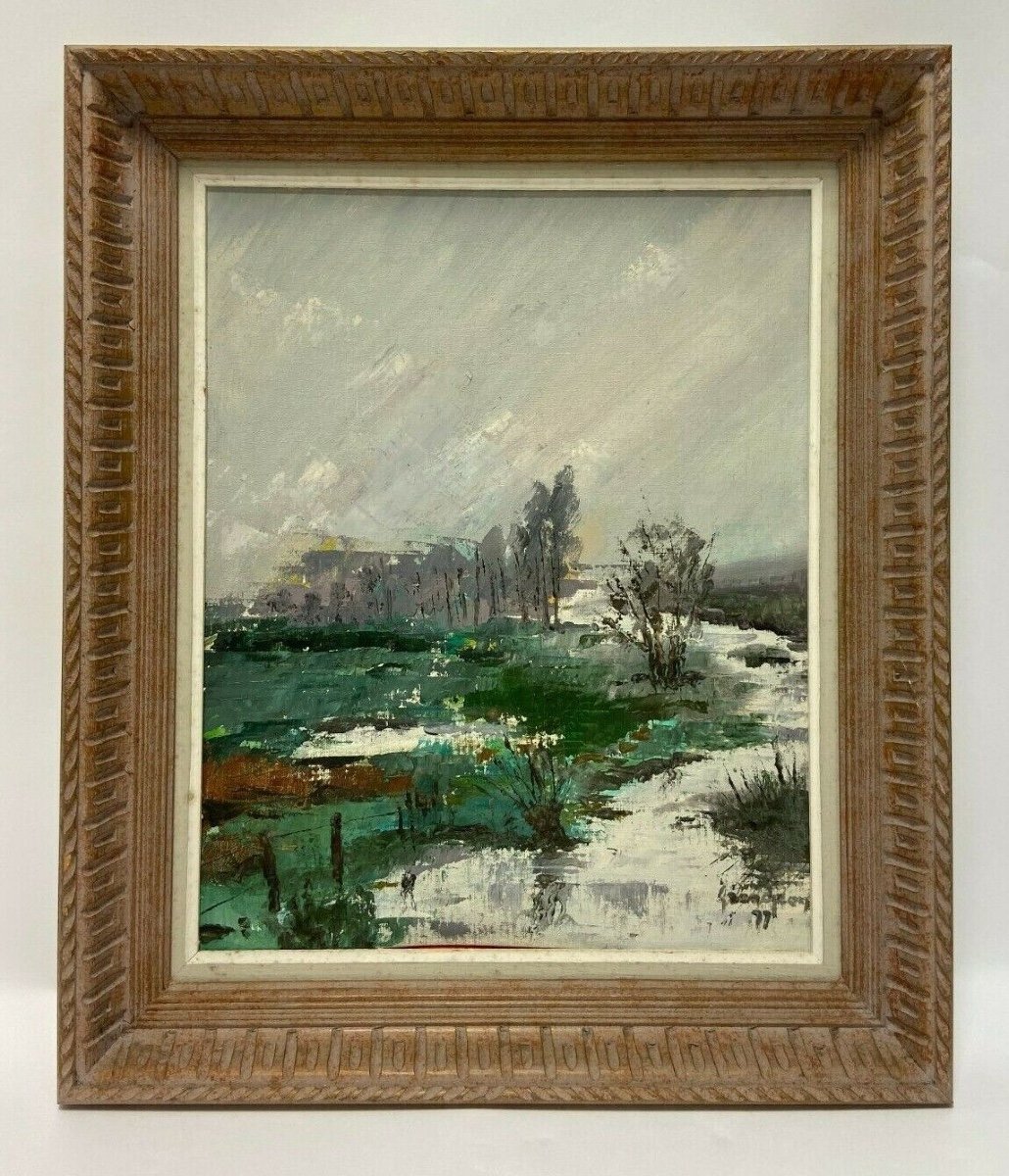 Oil On Panel River Landscape Signed Grandjon 20th Century