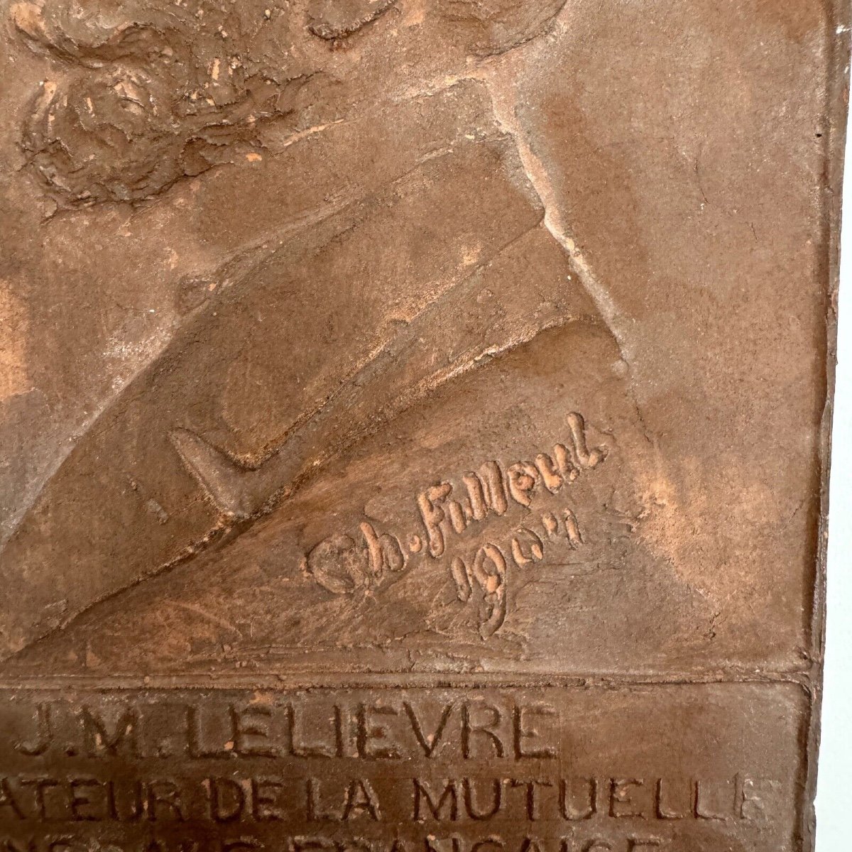 Plaque bas-relief en terre cuite J.-M. Lelièvre par Charles Filleul 1904-photo-3