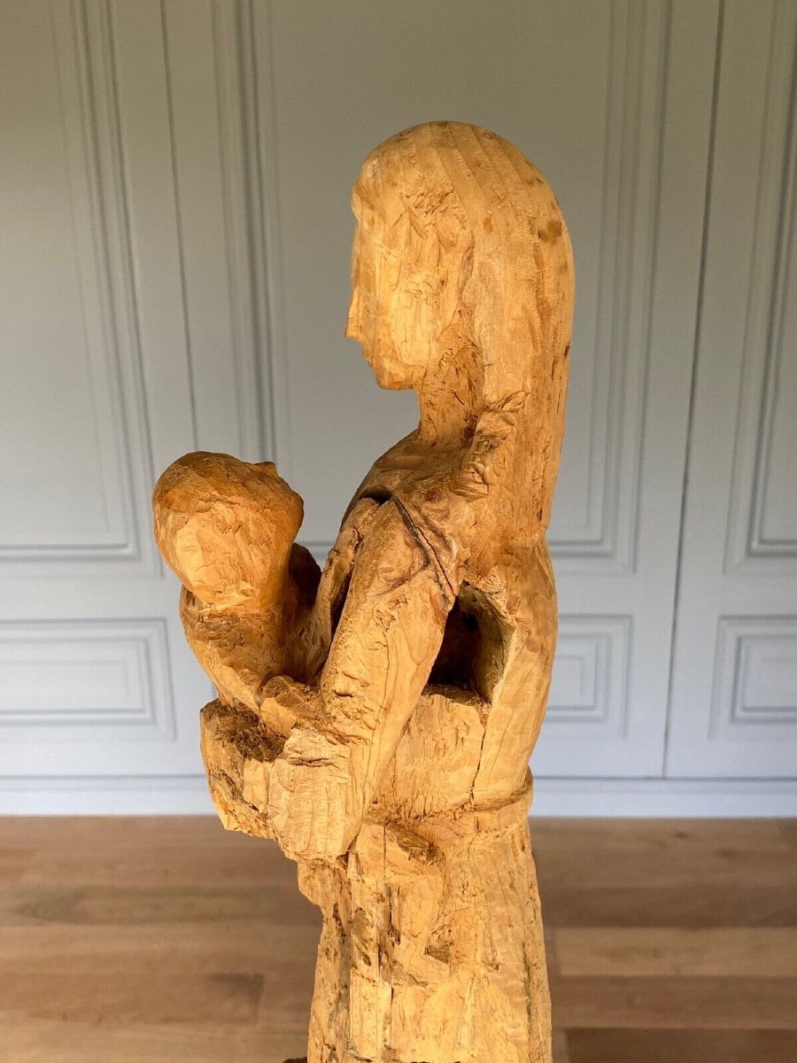 Vierge à l'Enfant bois sculpté dans la masse 1960 atelier d'artiste XXe-photo-1