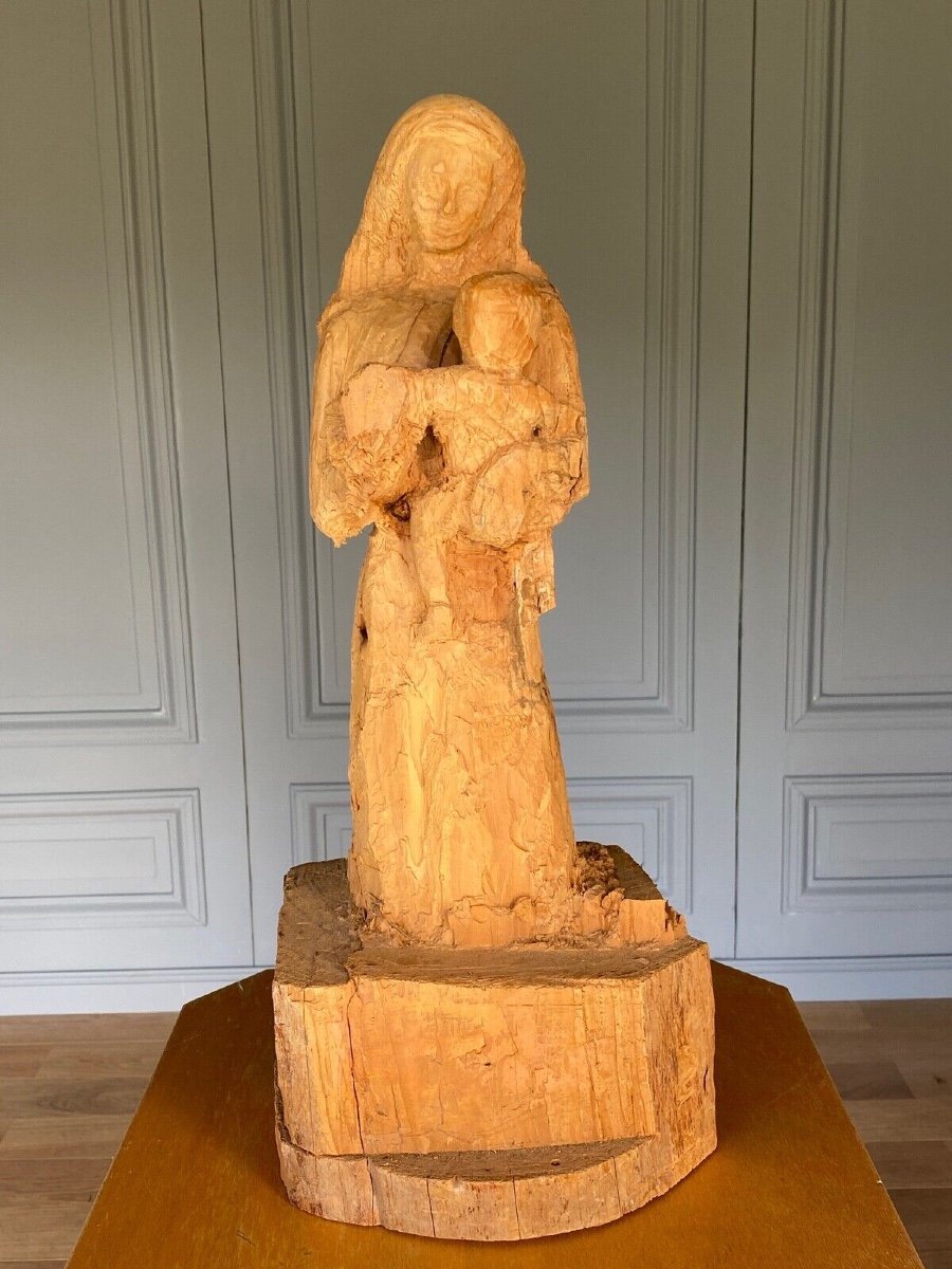 Vierge à l'Enfant bois sculpté dans la masse 1960 atelier d'artiste XXe