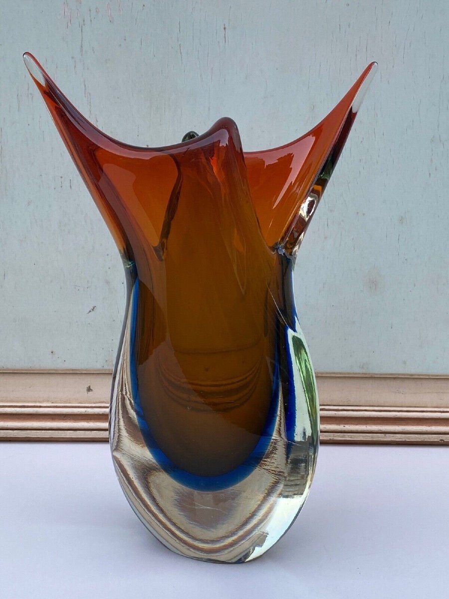 Vase Murano années 60 forme libre fond rouge et bleu 6 kilos-photo-2