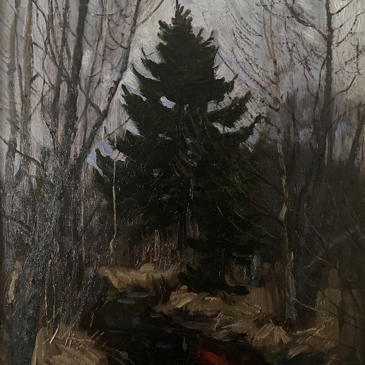 Huile sur carton par Stanislaw Zukowski ruisseau dans un sous-bois-photo-1