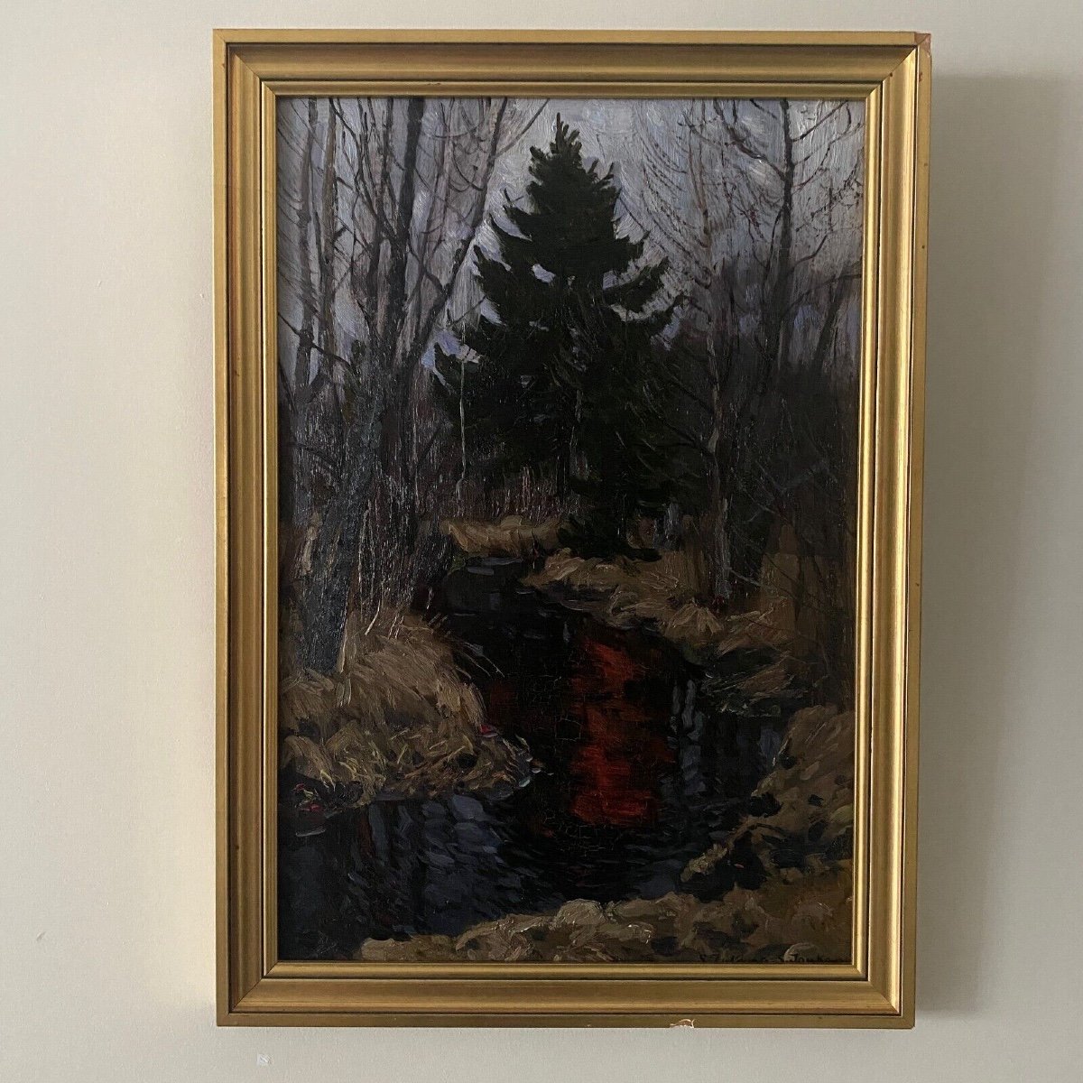 Huile sur carton par Stanislaw Zukowski ruisseau dans un sous-bois