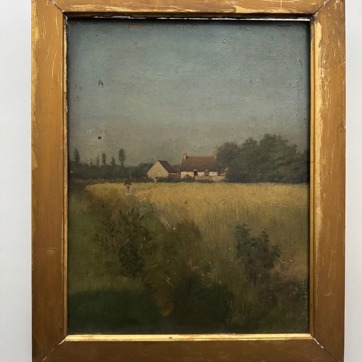 Oil On Panel Rural Landscape With House Early 20th Century Gilded Frame-photo-2