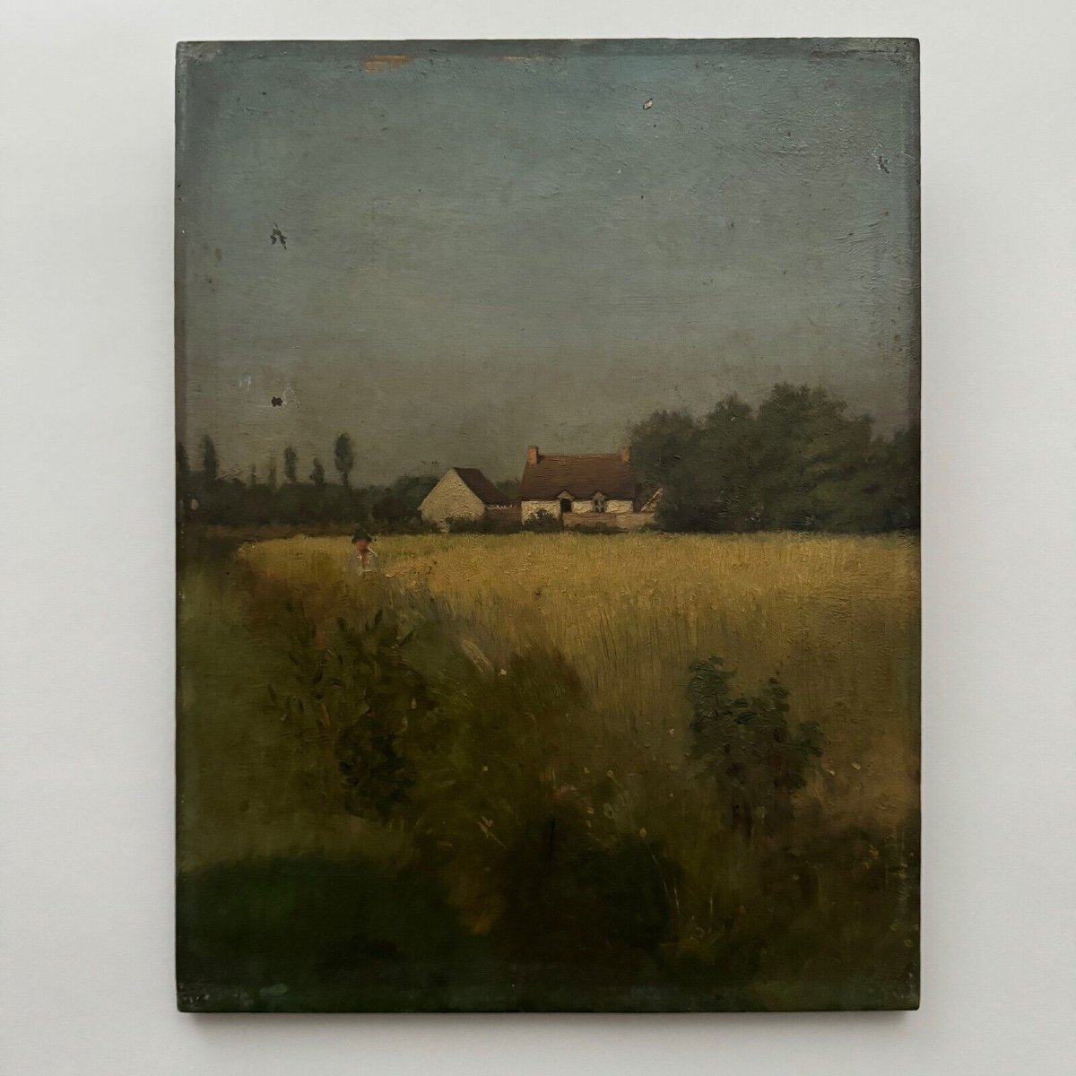 Oil On Panel Rural Landscape With House Early 20th Century Gilded Frame-photo-3